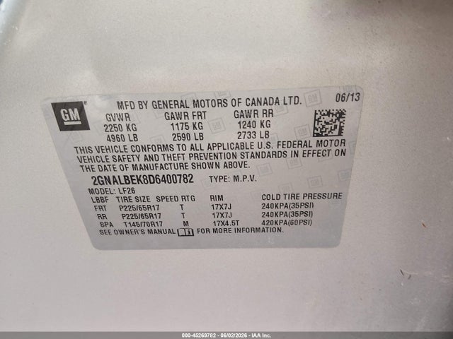 Продажа на аукционе авто 2013 Chevrolet Equinox Ls, vin: 2GNALBEK8D6400782, номер лота: 45269782