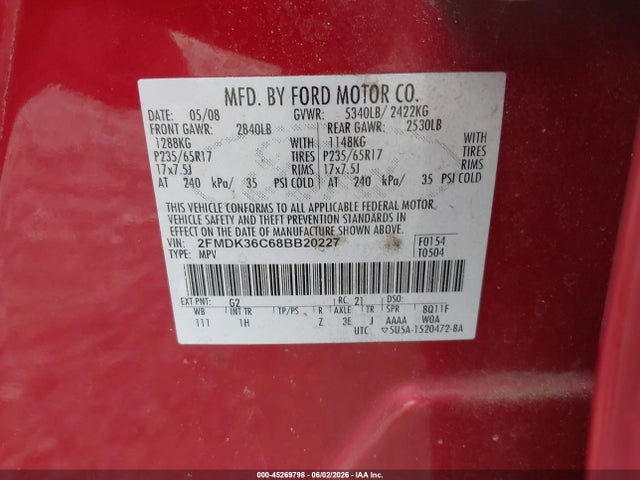 Aukcja sprzedaży 2008 Ford Edge Se, vin: 2FMDK36C68BB20227, numer aukcji: 45269798