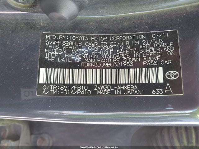 45269805 :رقم المزاد ، JTDKN3DU9B0321983 vin ، 2011 Toyota Prius Two مزاد بيع