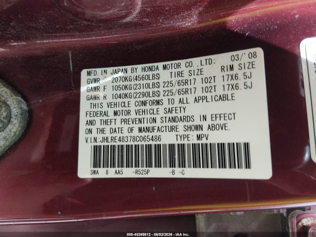 Продаж на аукціоні авто 2008 Honda Cr-v Lx, vin: JHLRE48378C065486, номер лоту: 45269812