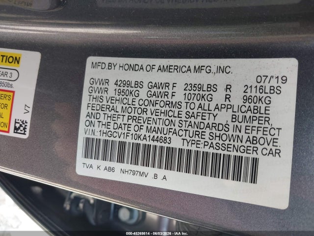 Aukcja sprzedaży 2019 Honda Accord Lx, vin: 1HGCV1F10KA144683, numer aukcji: 45269814