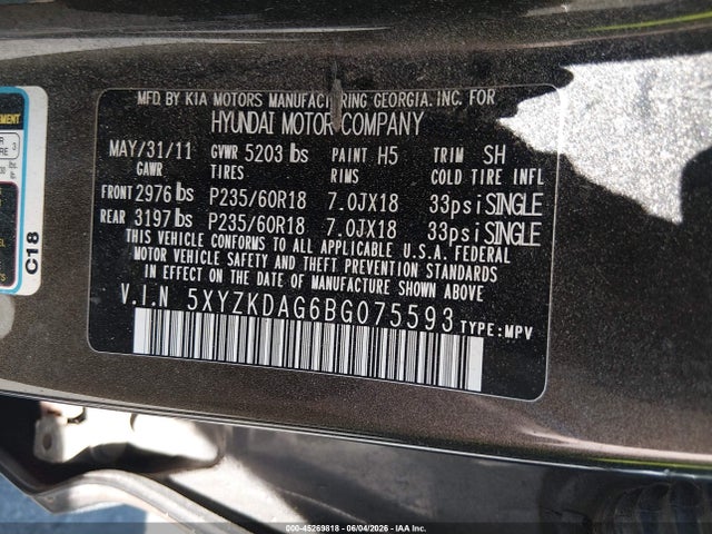 45269818 :رقم المزاد ، 5XYZKDAG6BG075593 vin ، 2011 Hyundai Santa Fe Limited V6 مزاد بيع