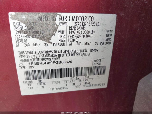 45269828 :رقم المزاد ، 1FM5K8B89FGB06329 vin ، 2015 Ford Explorer مزاد بيع