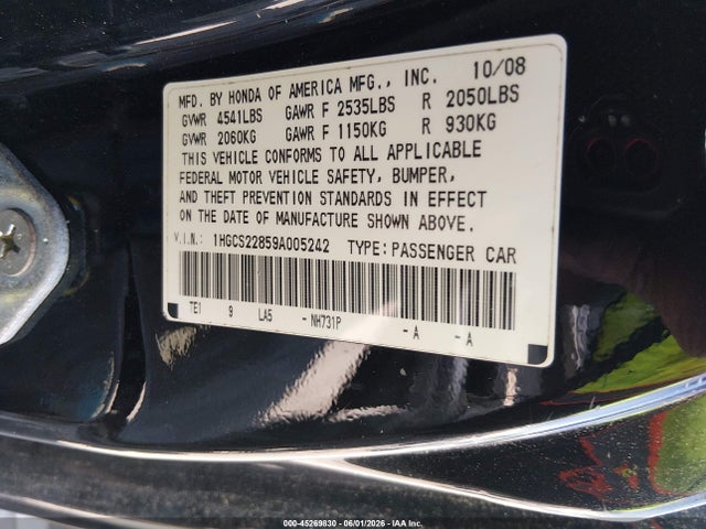 2009 Honda Accord 3.5 Ex-l მანქანა იყიდება აუქციონზე, vin: 1HGCS22859A005242, აუქციონის ნომერი: 45269830