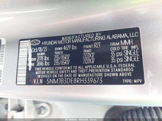 Продажа на аукционе авто 2024 Hyundai Tucson Sel, vin: 5NMJB3DE8RH339673, номер лота: 45269832