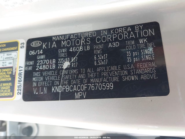 45269836 :رقم المزاد ، KNDPBCAC0F7670599 vin ، 2015 Kia Sportage Lx مزاد بيع