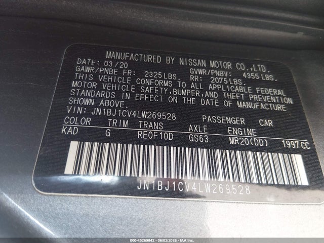 Auction sale of the 2020 Nissan Rogue Sport S Fwd Xtronic Cvt, vin: JN1BJ1CV4LW269528, lot number: 45269842