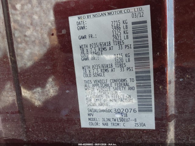 Продажа на аукционе авто 2013 Infiniti Jx35, vin: 5N1AL0MM6DC302076, номер лота: 45269852