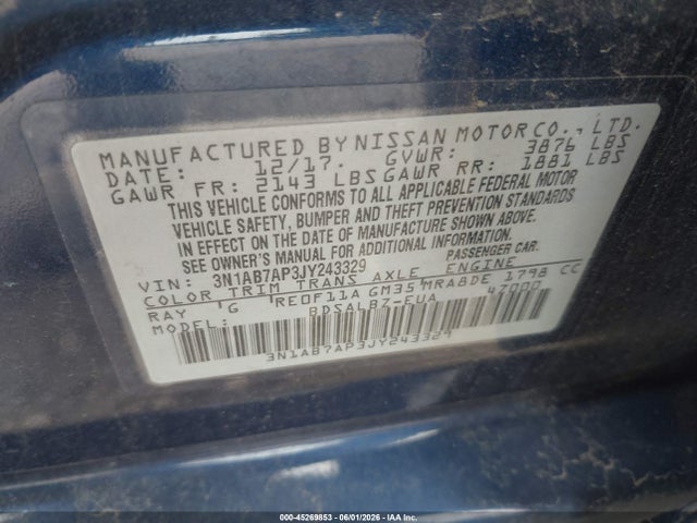 Продаж на аукціоні авто 2018 Nissan Sentra S, vin: 3N1AB7AP3JY243329, номер лоту: 45269853