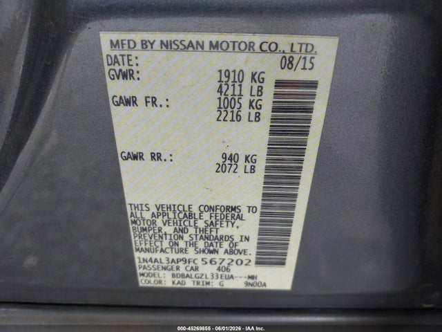Nissan Altima 2.5 S 2015 1N4AL3AP9FC567202 Image 9