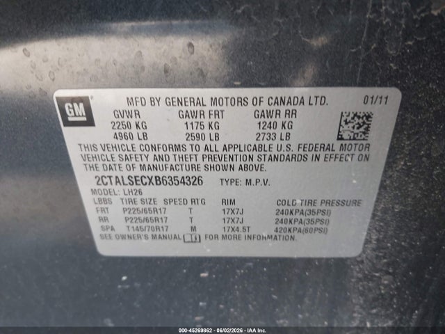 45269862 :رقم المزاد ، 2CTALSECXB6354326 vin ، 2011 Gmc Terrain Sle-2 مزاد بيع