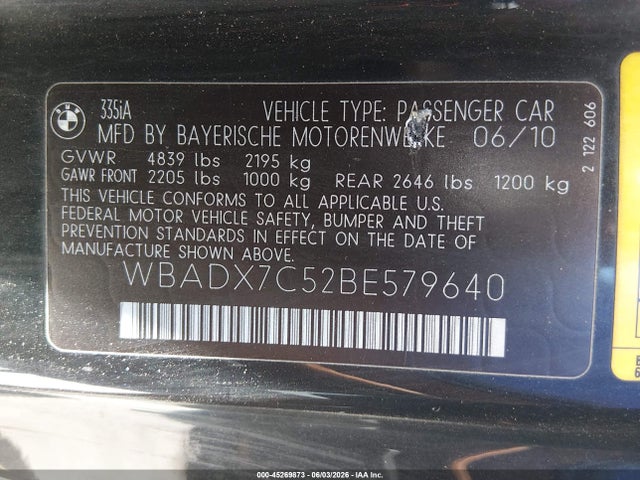 Продажа на аукционе авто 2011 Bmw 335i, vin: WBADX7C52BE579640, номер лота: 45269873