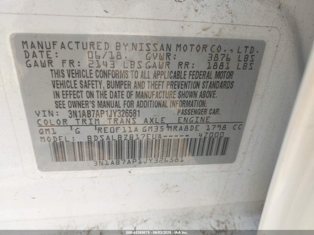 Aukcja sprzedaży 2018 Nissan Sentra S, vin: 3N1AB7AP1JY326581, numer aukcji: 45269875