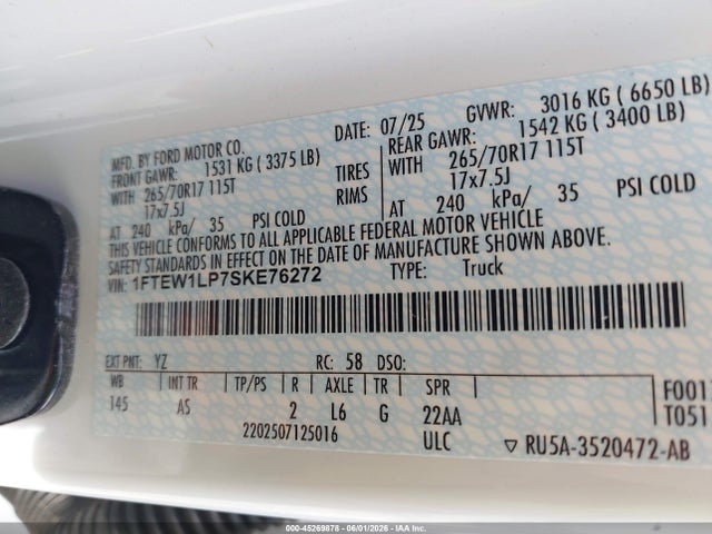 45269878 :رقم المزاد ، 1FTEW1LP7SKE76272 vin ، 2025 Ford F-150 Xl مزاد بيع