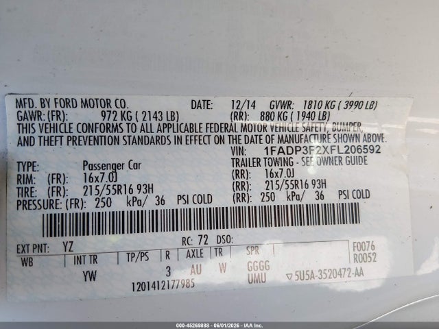 45269888 :رقم المزاد ، 1FADP3F2XFL206592 vin ، 2015 Ford Focus Se مزاد بيع
