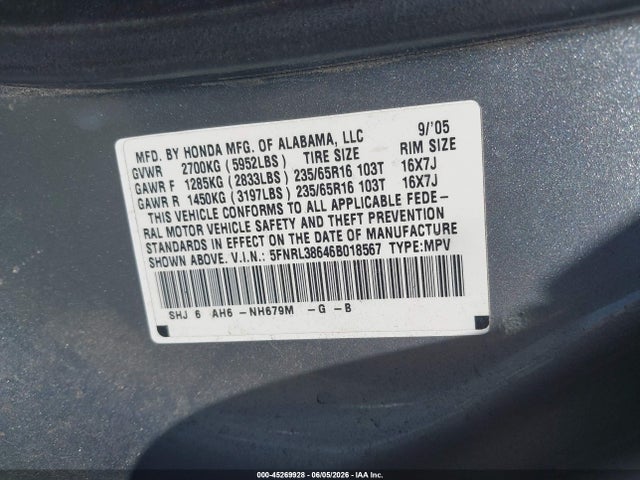 Продаж на аукціоні авто 2006 Honda Odyssey Ex-l, vin: 5FNRL38646B018567, номер лоту: 45269928