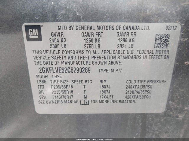 45269952 :رقم المزاد ، 2GKFLVE52C6290289 vin ، 2012 Gmc Terrain Slt-1 مزاد بيع
