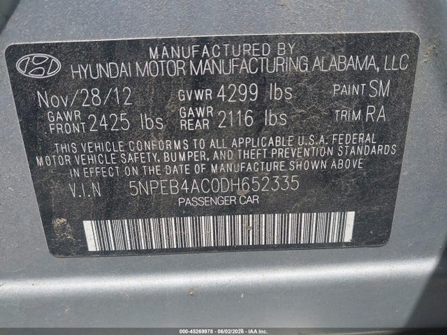 Aukcja sprzedaży 2013 Hyundai Sonata Gls, vin: 5NPEB4AC0DH652335, numer aukcji: 45269978