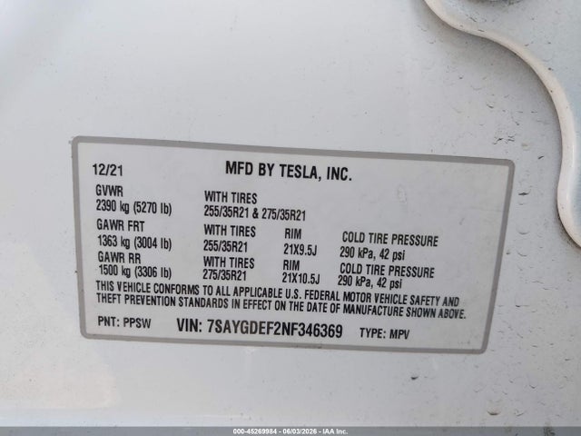 Aukcja sprzedaży 2022 Tesla Model Y Performance Dual Motor All-wheel Drive, vin: 7SAYGDEF2NF346369, numer aukcji: 45269984
