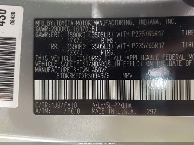 Aukcja sprzedaży 2023 Toyota Sienna Le, vin: 5TDKSKFCXPS094976, numer aukcji: 45269985