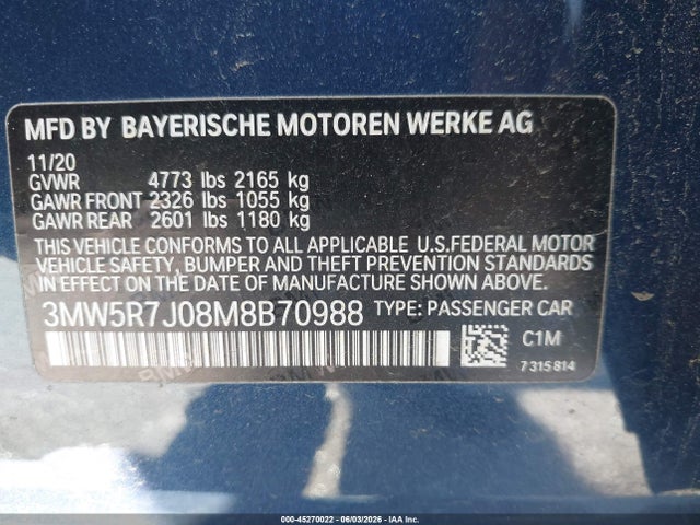 Aukcja sprzedaży 2021 Bmw 330i Xdrive, vin: 3MW5R7J08M8B70988, numer aukcji: 45270022