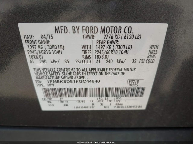Aukcja sprzedaży 2015 Ford Explorer Xlt, vin: 1FM5K8D81FGC44640, numer aukcji: 45270023