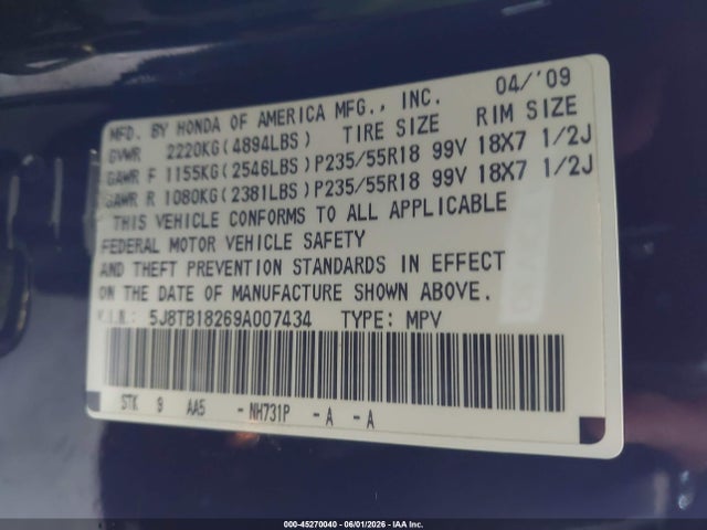 Продаж на аукціоні авто 2009 Acura Rdx, vin: 5J8TB18269A007434, номер лоту: 45270040