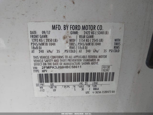 Продажа на аукционе авто 2017 Ford Edge Sel, vin: 2FMPK3J86HBC58611, номер лота: 45270041