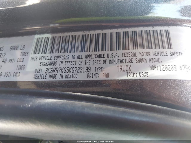 45270044 :رقم المزاد ، 3C6RR7KG5KG723199 vin ، 2019 Ram 1500 Classic Tradesman  4x4 5'7 Box مزاد بيع