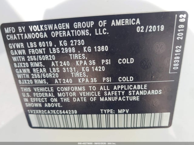 2019 Volkswagen Atlas 3.6l V6 Se W/technology R-line მანქანა იყიდება აუქციონზე, vin: 1V2XR2CA7KC544239, აუქციონის ნომერი: 45270050