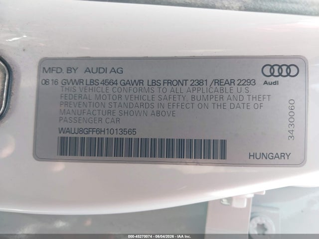 Продаж на аукціоні авто 2017 Audi A3 2.0t Premium, vin: WAUJ8GFF6H1013565, номер лоту: 45270074