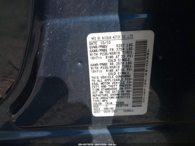 Продажа на аукционе авто 2011 Nissan Murano Sl, vin: JN8AZ1MW1BW158723, номер лота: 45270076