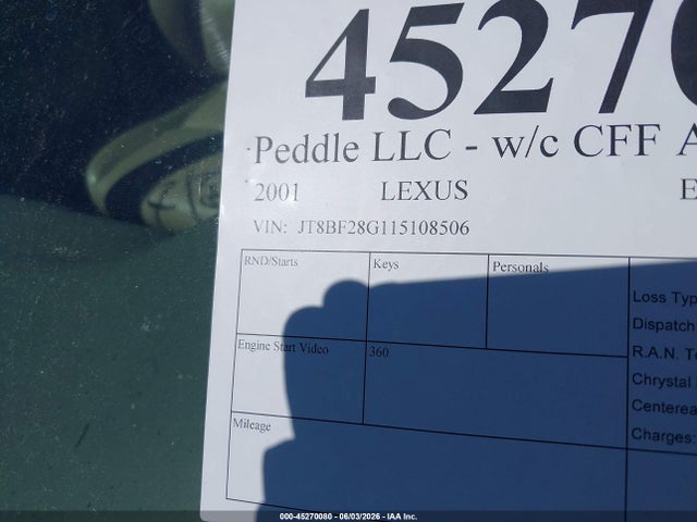 Продаж на аукціоні авто 2001 Lexus Es 300, vin: JT8BF28G115108506, номер лоту: 45270080
