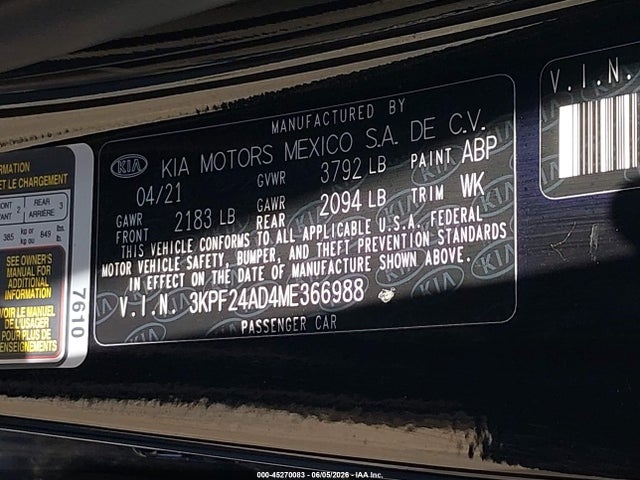 45270083 :رقم المزاد ، 3KPF24AD4ME366988 vin ، 2021 Kia Forte Lxs مزاد بيع