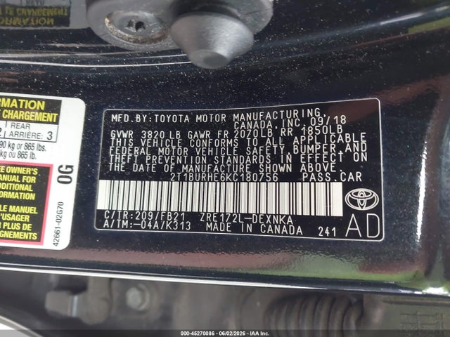 Продаж на аукціоні авто 2019 Toyota Corolla Le, vin: 2T1BURHE6KC180756, номер лоту: 45270086