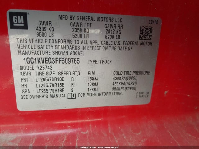 2015 Chevrolet Silverado 2500hd Lt მანქანა იყიდება აუქციონზე, vin: 1GC1KVEG3FF509765, აუქციონის ნომერი: 45270094