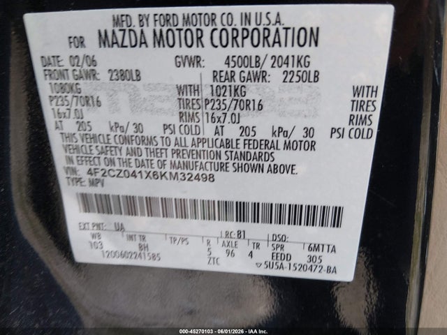Aukcja sprzedaży 2006 Mazda Tribute S, vin: 4F2CZ041X6KM32498, numer aukcji: 45270103