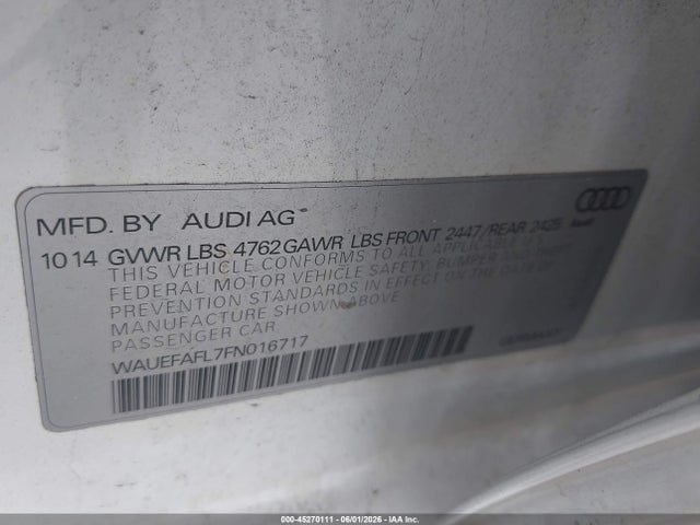 Aukcja sprzedaży 2015 Audi A4 2.0t Premium, vin: WAUEFAFL7FN016717, numer aukcji: 45270111