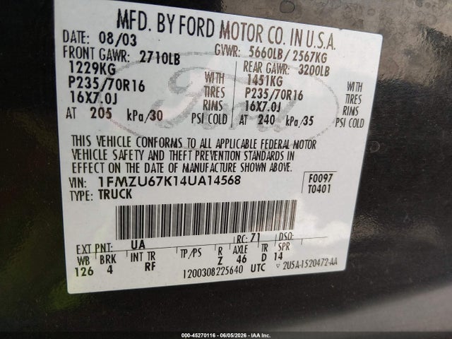 45270116 :رقم المزاد ، 1FMZU67K14UA14568 vin ، 2004 Ford Explorer Sport Trac Adrenalin/xls/xlt مزاد بيع