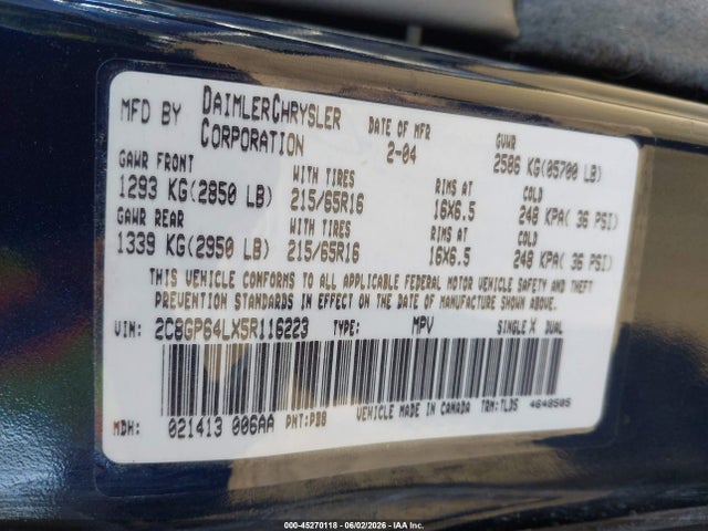 45270118 :رقم المزاد ، 2C8GP64LX5R116223 vin ، 2005 Chrysler Town & Country Limited مزاد بيع