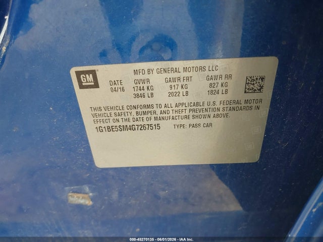 2016 Chevrolet Cruze Lt Auto მანქანა იყიდება აუქციონზე, vin: 1G1BE5SM4G7267515, აუქციონის ნომერი: 45270135