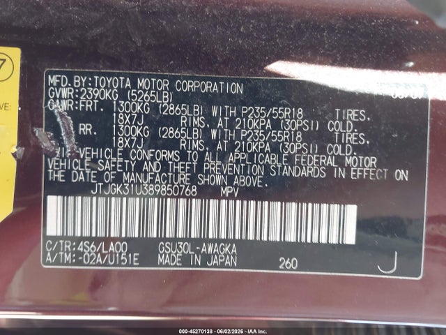 45270138 :رقم المزاد ، JTJGK31U389850768 vin ، 2008 Lexus Rx 350 مزاد بيع