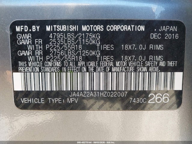 45270144 :رقم المزاد ، JA4AZ2A31HZ022007 vin ، 2017 Mitsubishi Outlander Es مزاد بيع