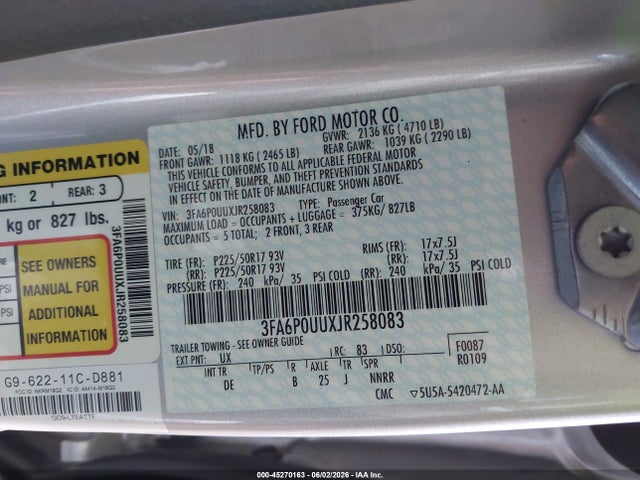3FA6P0UUXJR258083 Ford Fusion Hybrid S