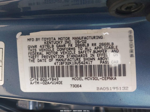 45270177 :رقم المزاد ، 4T1BF32K13U542417 vin ، 2003 Toyota Camry Le V6 مزاد بيع
