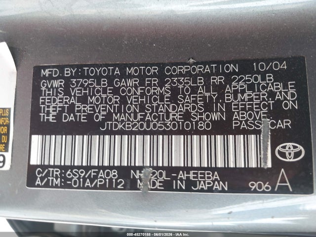 45270188 :رقم المزاد ، JTDKB20U053010180 vin ، 2005 Toyota Prius مزاد بيع