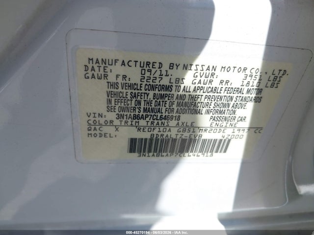 2012 Nissan Sentra 2.0 Sr მანქანა იყიდება აუქციონზე, vin: 3N1AB6AP7CL646918, აუქციონის ნომერი: 45270194