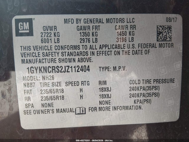 45270201 :رقم المزاد ، 1GYKNCRS2JZ112404 vin ، 2018 Cadillac Xt5 Luxury مزاد بيع