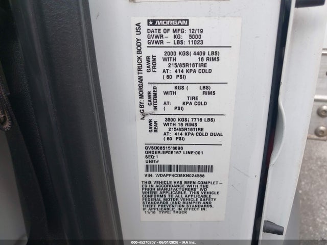 Aukcja sprzedaży 2019 Mercedes-benz Sprinter 4500 Standard Roof V6, vin: WDAPF4CD8KN024588, numer aukcji: 45270207