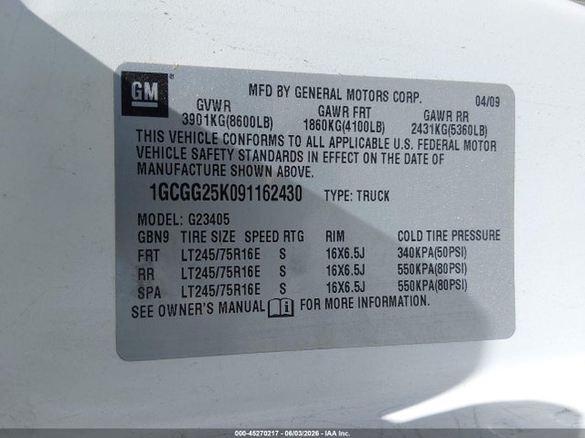 Продаж на аукціоні авто 2009 Chevrolet Express 2500 Work Van, vin: 1GCGG25K091162430, номер лоту: 45270217